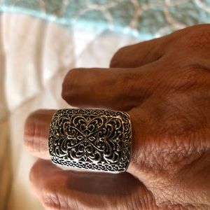 Silver wide band with filigree scroll